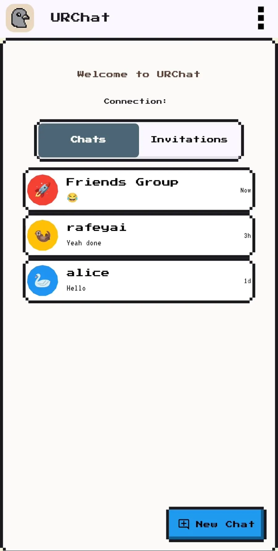 The URChat chat list in pixel style, with groups and direct messages