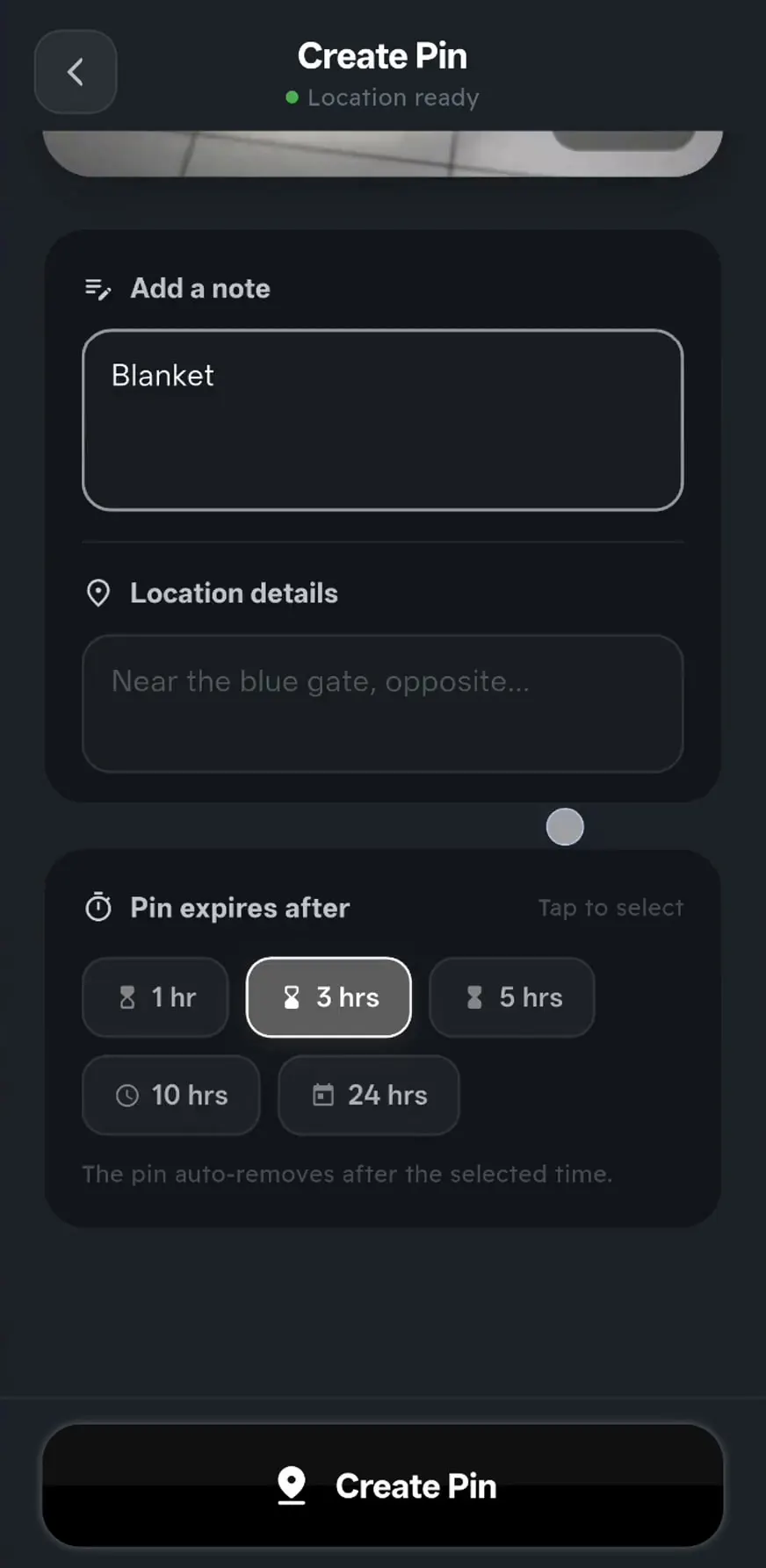 Creating a pin with a note, location details and an expiry time