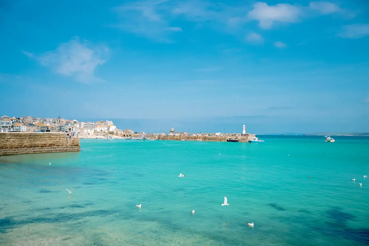 The harbour at high water, turquoise to Smeaton's Pier
