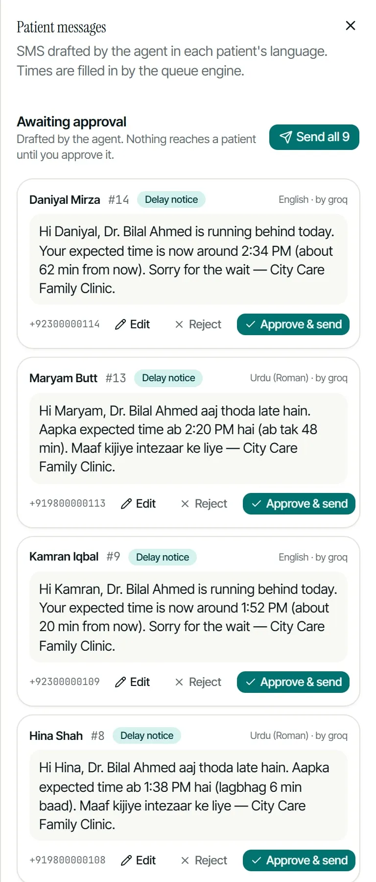 The outbox: nine drafted texts, each with Approve and send